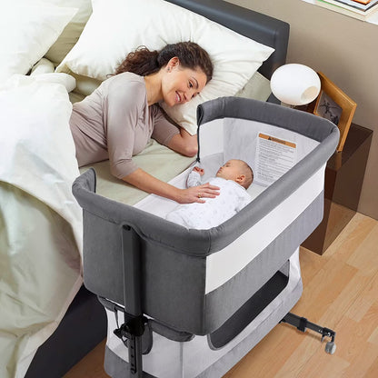 Baby Bassinet 3 in 1 Adjustable Bedside Sleeper Bed for Infant Baby with Breathable Net, Gray