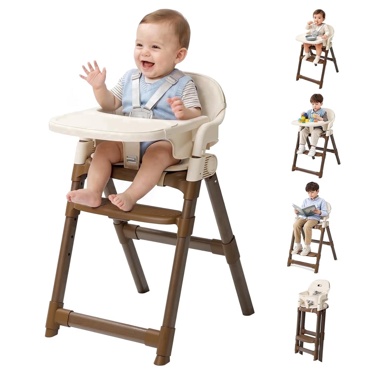 Foldable High Chair for Baby, Easy-To-Clean Feeding Chair with Removable Tray, Adjustable Legs and Seat Belt for Infant Toddlers,Beige