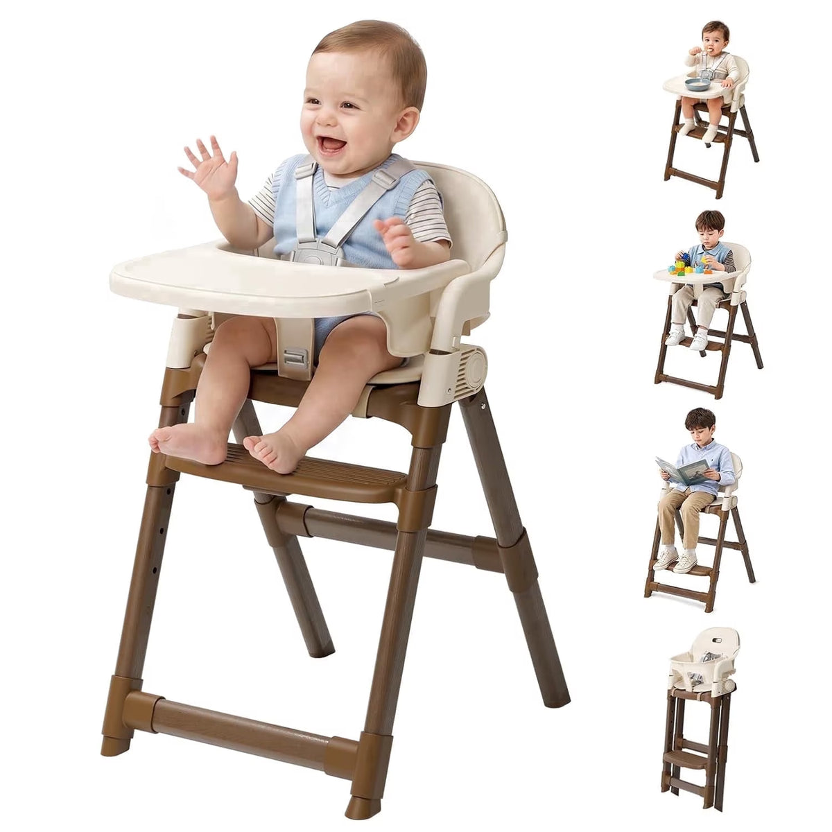 Foldable High Chair for Baby, Easy-To-Clean Feeding Chair with Removable Tray, Adjustable Legs and Seat Belt for Infant Toddlers,Beige