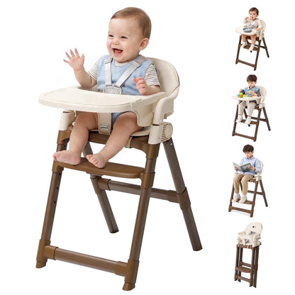 Foldable High Chair for Baby, Easy-To-Clean Feeding Chair with Removable Tray, Adjustable Legs and Seat Belt for Infant Toddlers,Beige