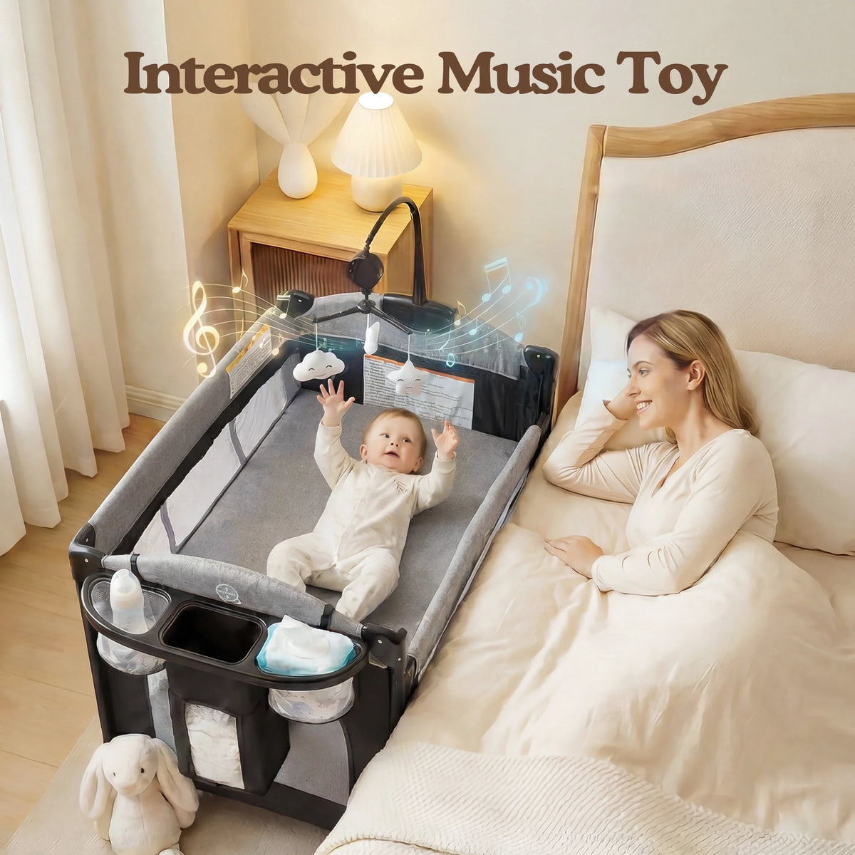 Foldable Baby Bedside Crib Bassinet, Infant Pack and Play Playard, Newborn Playpen Changing Table,Gray