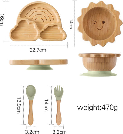 Bamboo Suction Plates Bowls Set for Baby Toddler Divided Platter Food Bowl with Silicone Fork & Spoon All-Natural Baby Feeding Set for Baby-Led Weaning, Non-Slip Design