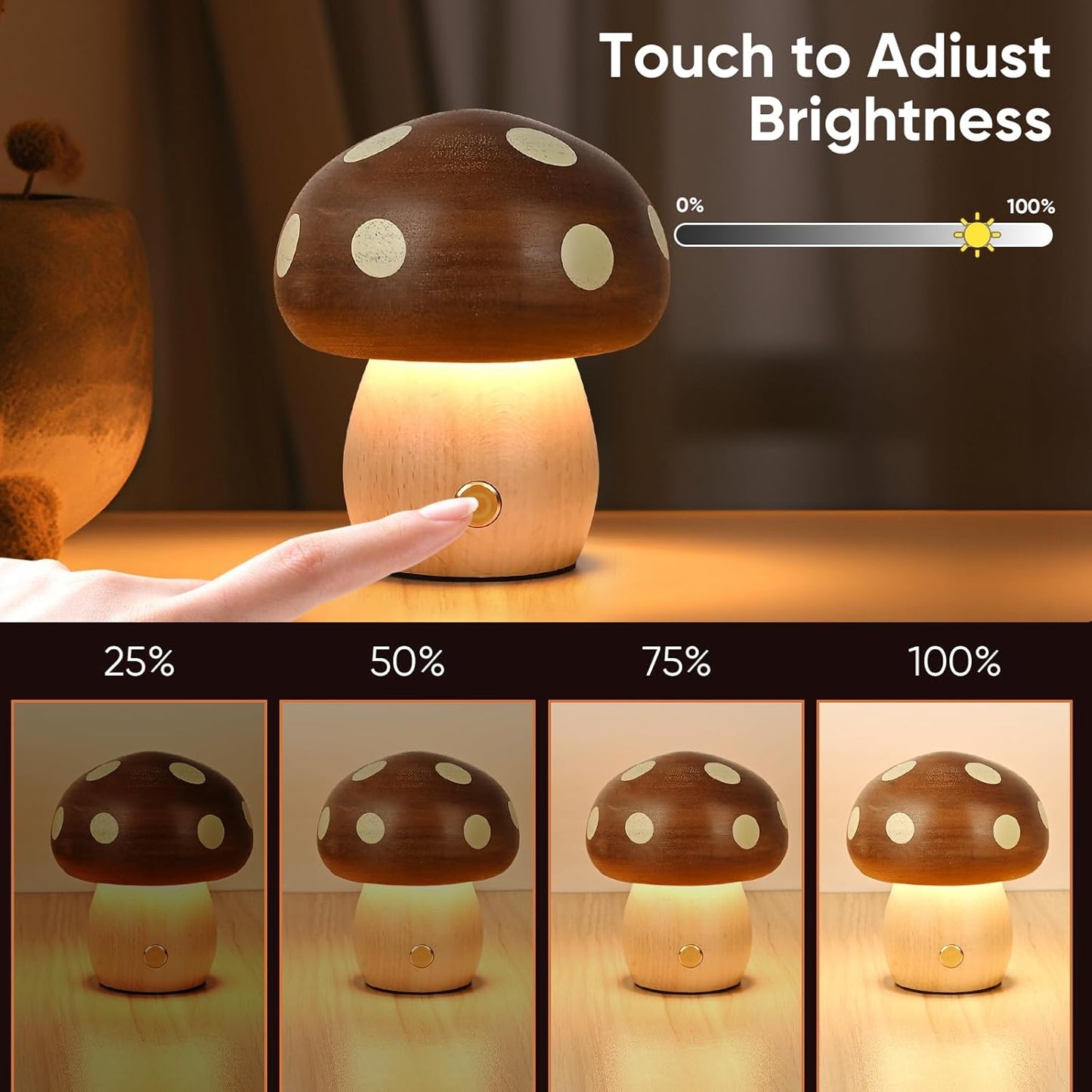 2Pack Wood Small Mushroom Table Lamp, LED Rechargeable Cordless Touch Bedside Lamps, Wireless Stepless Dimming Night Light, Portable Battery Lamp for Bedroom Nightstand for Birthday Gifts