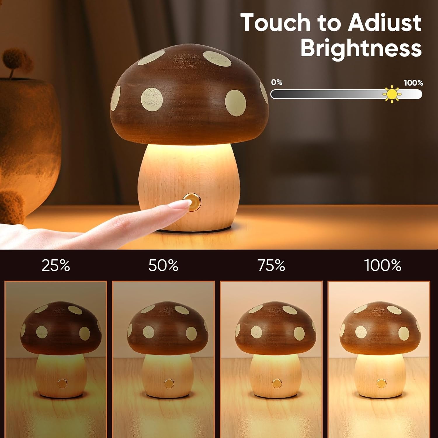 2Pack Wood Small Mushroom Table Lamp, LED Rechargeable Cordless Touch Bedside Lamps, Wireless Stepless Dimming Night Light, Portable Battery Lamp for Bedroom Nightstand for Birthday Gifts