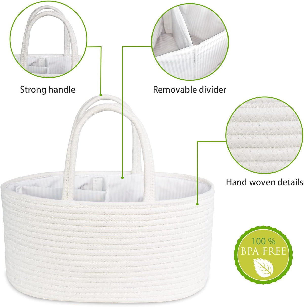 Baby Diaper Caddy, Nursery Storage Bin and Car Organizer for Diapers Wipes, Cotton Rope Basket Changing Table Caddy