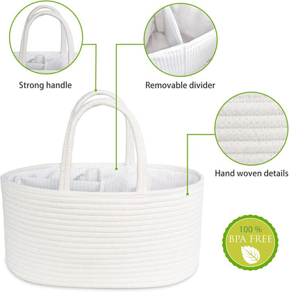 Baby Diaper Caddy, Nursery Storage Bin and Car Organizer for Diapers Wipes, Cotton Rope Basket Changing Table Caddy
