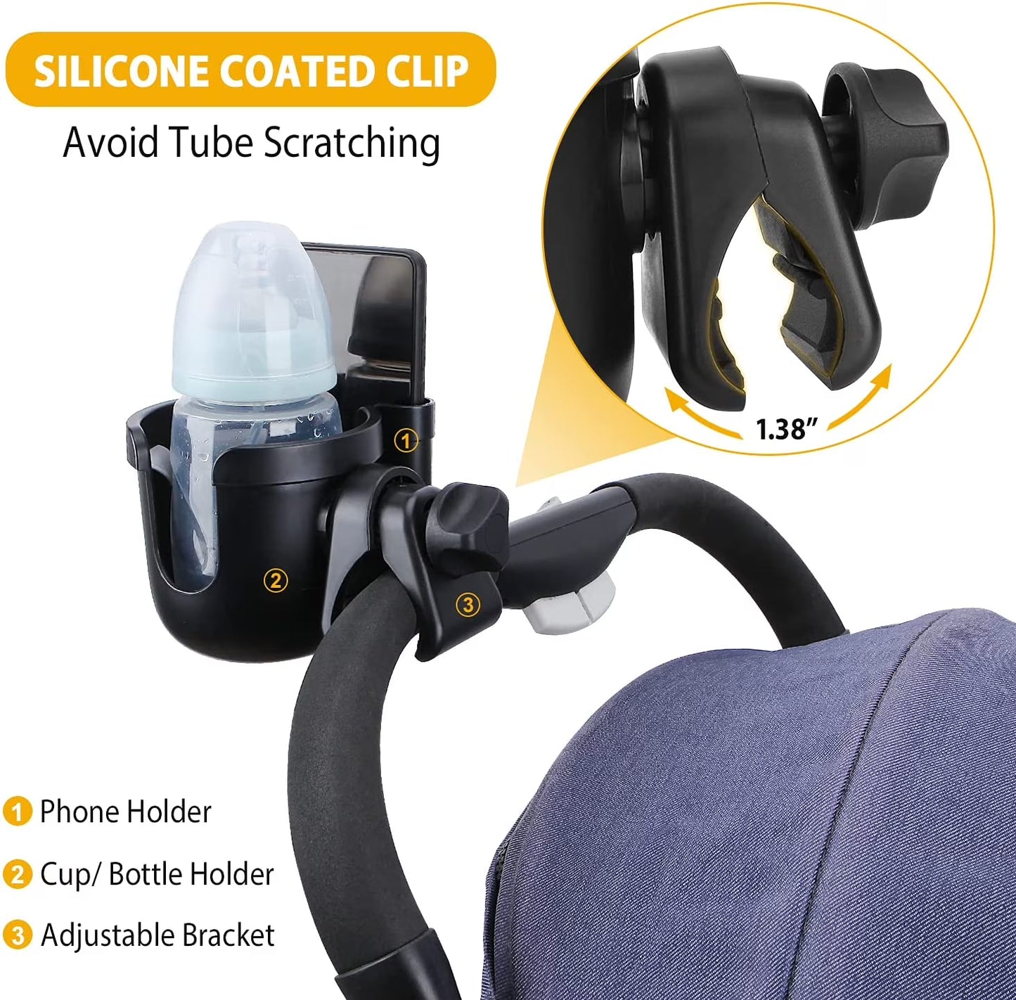 2-In-1 Wheelchair Cup Holder with Phone Rack for Baby Stroller of 1 Car Seat,Black