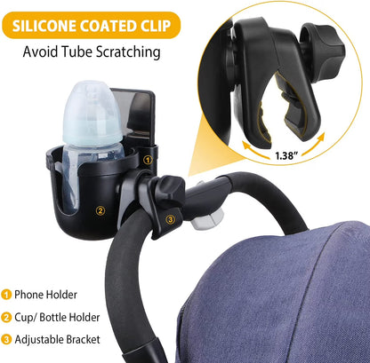 2-In-1 Wheelchair Cup Holder with Phone Rack for Baby Stroller of 1 Car Seat,Black