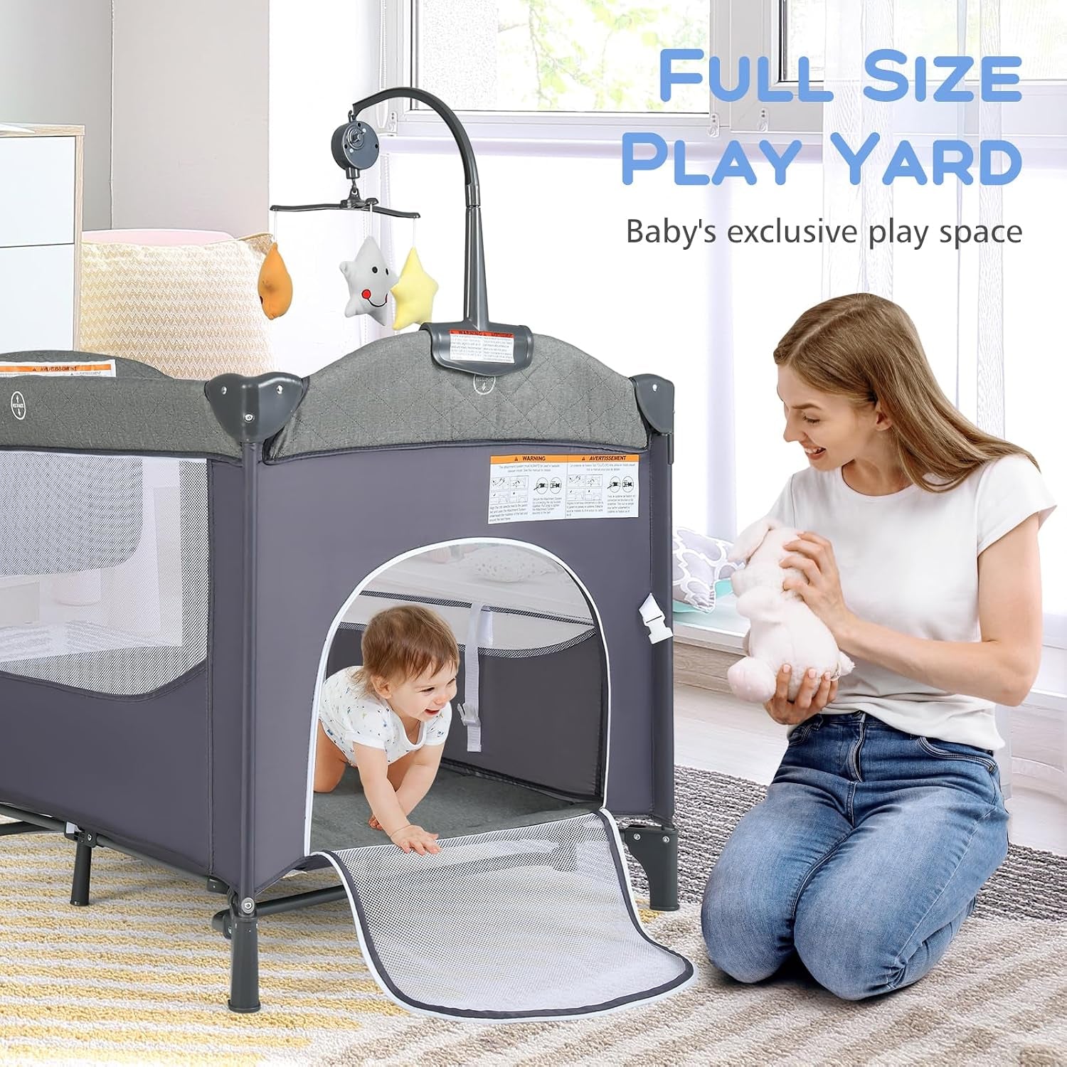 Pack and Play, 5 in 1 Baby Bedside Sleeper with Bassinet, Diaper Changer, Mattress, Carry Bag, Music Box Hanging Toys, Foldable Bedside Crib, Portable Playard for Newborn Toddlers (Classic)
