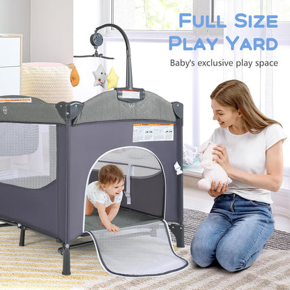 Pack and Play, 5 in 1 Baby Bedside Sleeper with Bassinet, Diaper Changer, Mattress, Carry Bag, Music Box Hanging Toys, Foldable Bedside Crib, Portable Playard for Newborn Toddlers (Classic)