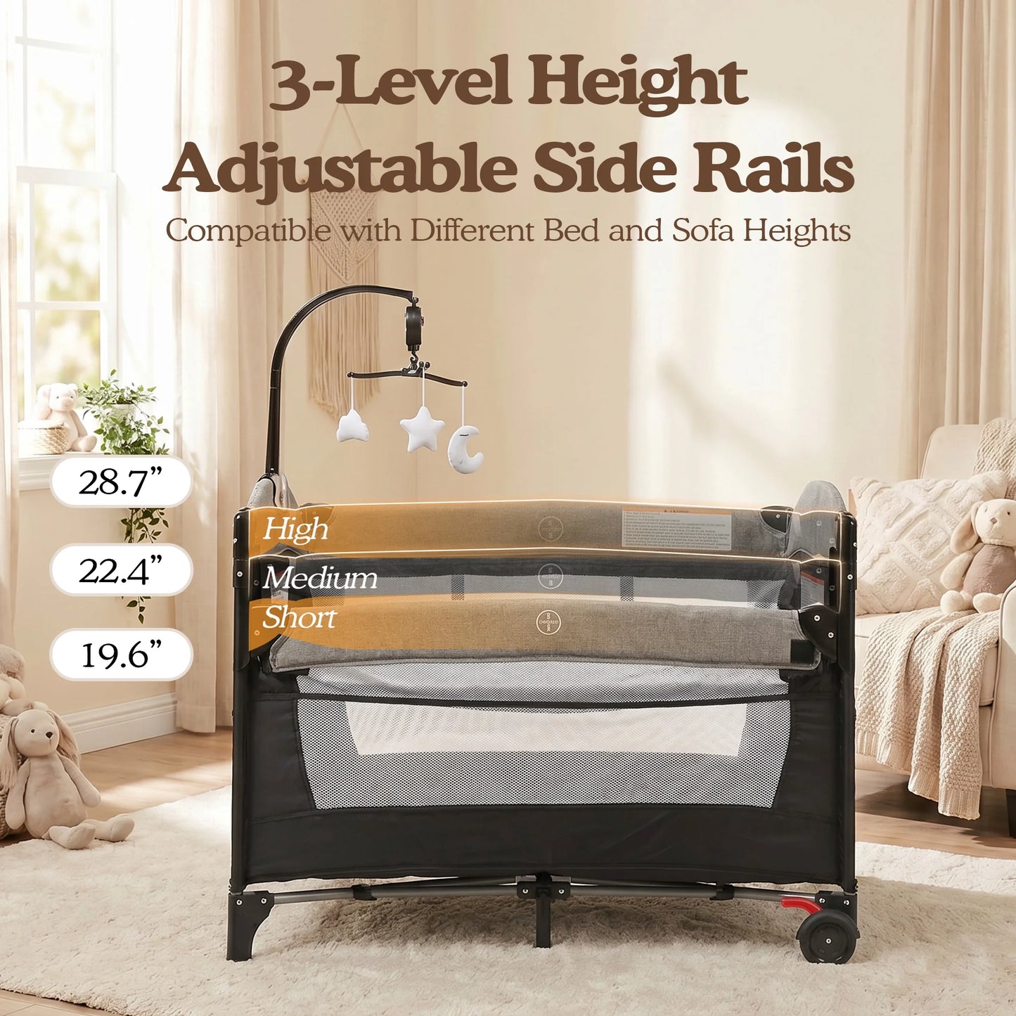 Foldable Baby Bedside Crib Bassinet, Infant Pack and Play Playard, Newborn Playpen Changing Table,Gray