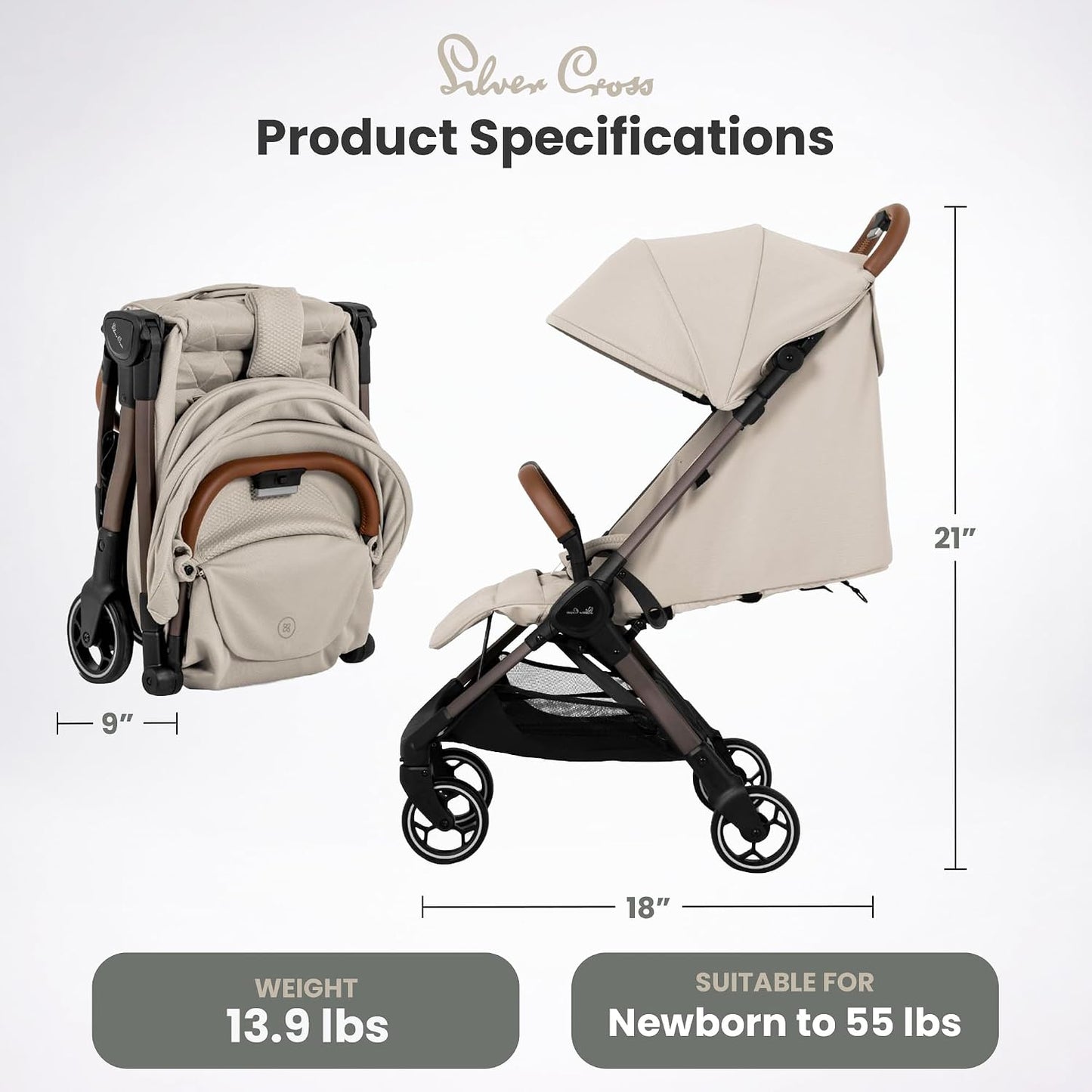 Clic Compact Travel Stroller – (Latte) – Lightweight Baby Stroller for Airplane Travel – One-Hand Fold, Lie-Flat Infant & Toddler Seat – Birth to 55 Lb