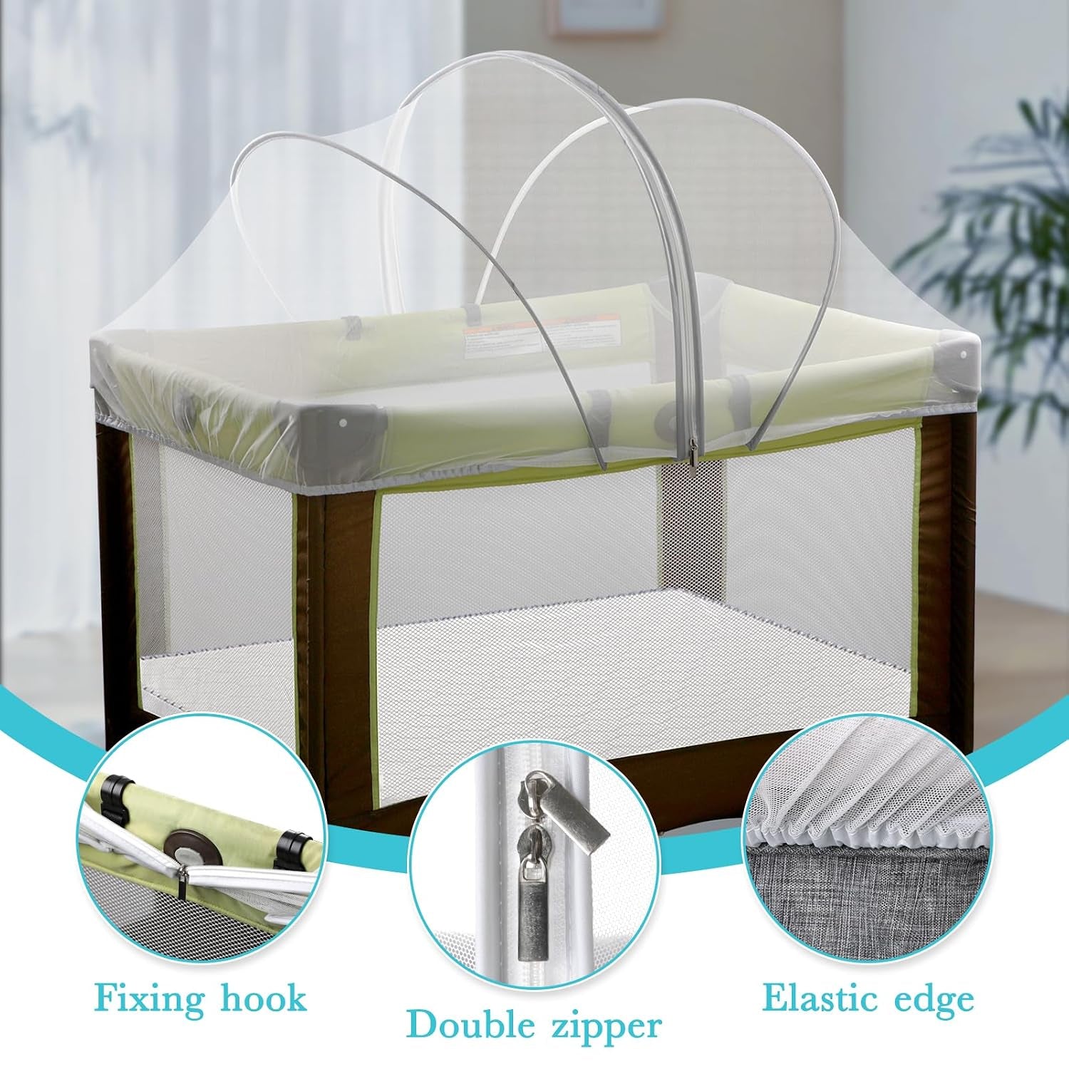 Pack and Play Cover - Crib Net Breathable Mesh Canopy with 2-Way Zipper, Keep Cats & Insects Out for Baby Bassinet/Bedside Sleeper/Travel Crib, Portable with Storage Bag(White-Large)