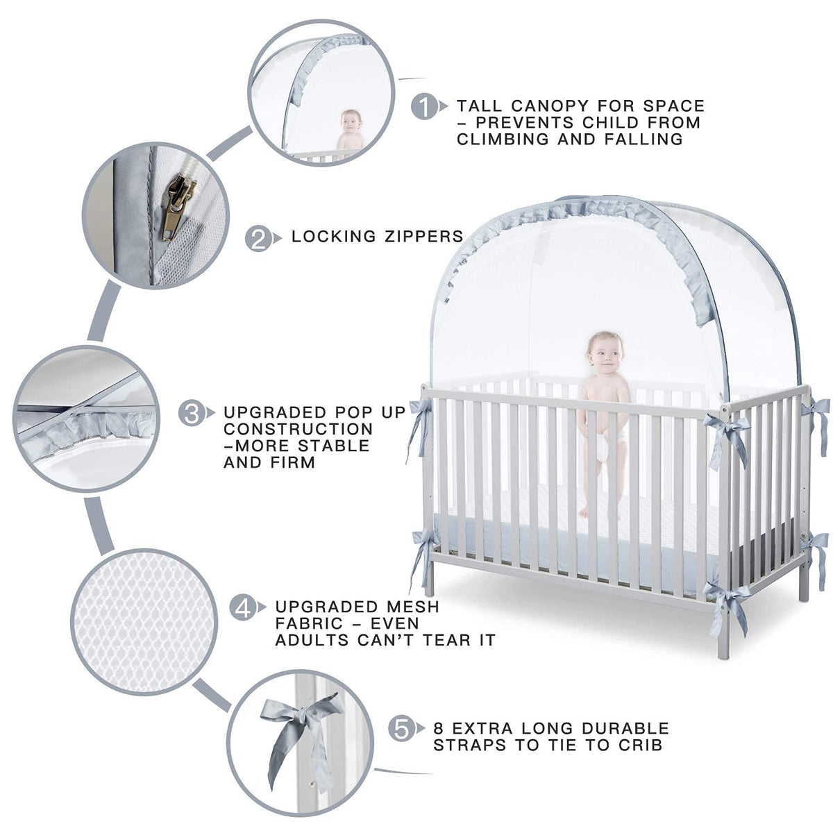 Baby Crib Tent, Pop up Crib Net to Keep Baby in | Stop Baby from Climbing Out of Crib, Breathable Mesh, Auto-Lock Zipper, Size 55.2" L X 27.6" W X 51.6" H, Free-Installation