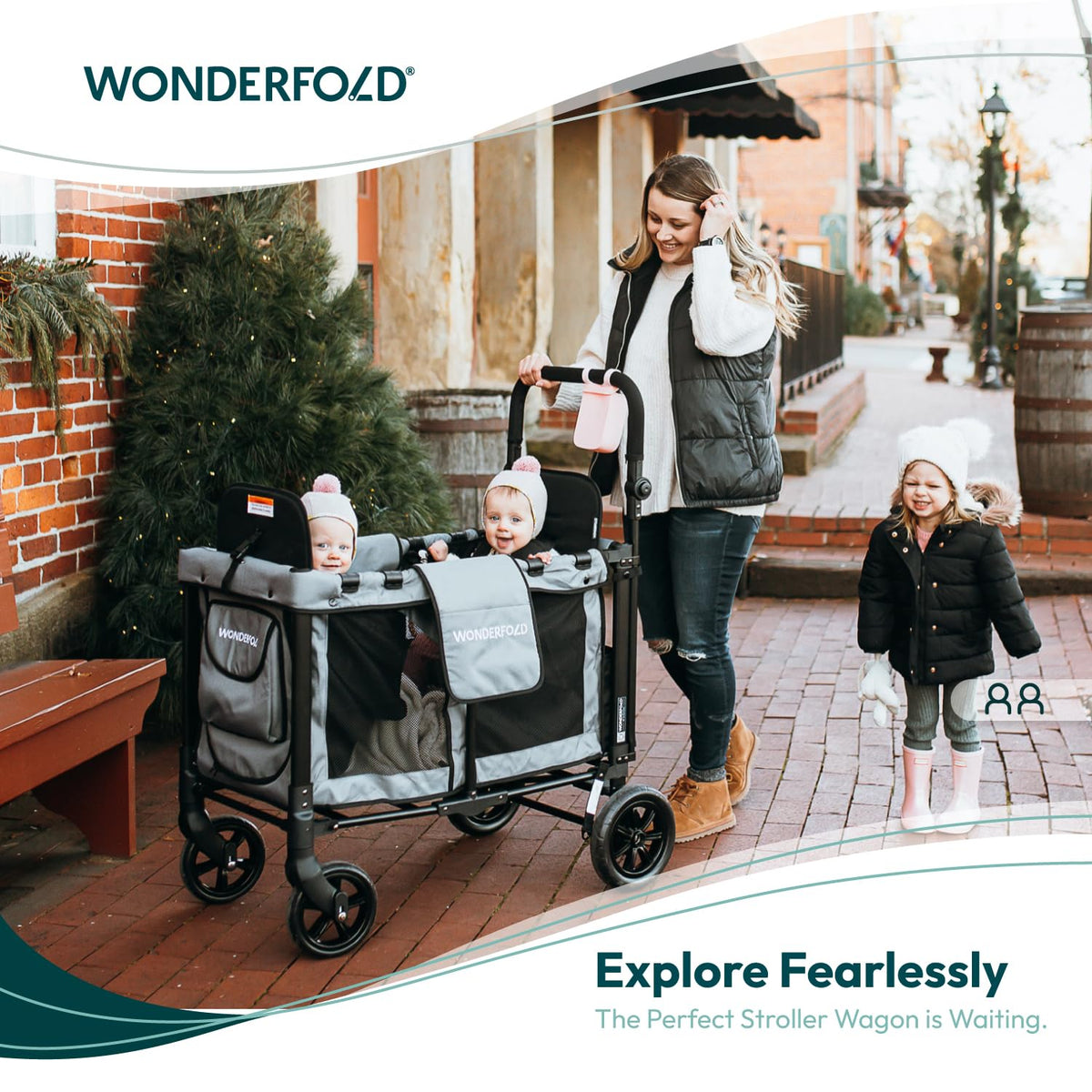 W2 Stroller Wagon, Steel Frame, 2 Seater, Black | Foldable Wagon with an Adjustable Canopy & Push Handle, All-Terrain Wheels & 5-Point Harnesses for Babies, Toddlers & Kids
