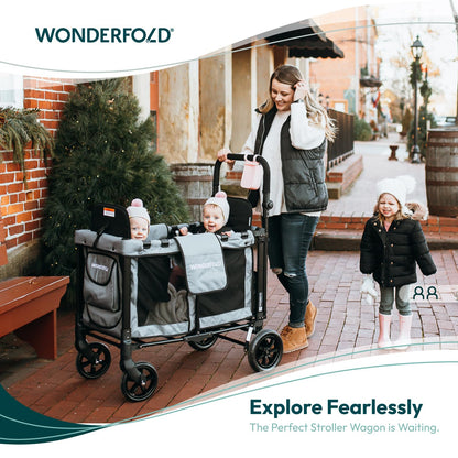 W2 Stroller Wagon, Steel Frame, 2 Seater, Black | Foldable Wagon with an Adjustable Canopy & Push Handle, All-Terrain Wheels & 5-Point Harnesses for Babies, Toddlers & Kids