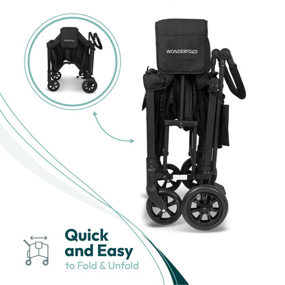 W2 Stroller Wagon, Steel Frame, 2 Seater, Black | Foldable Wagon with an Adjustable Canopy & Push Handle, All-Terrain Wheels & 5-Point Harnesses for Babies, Toddlers & Kids