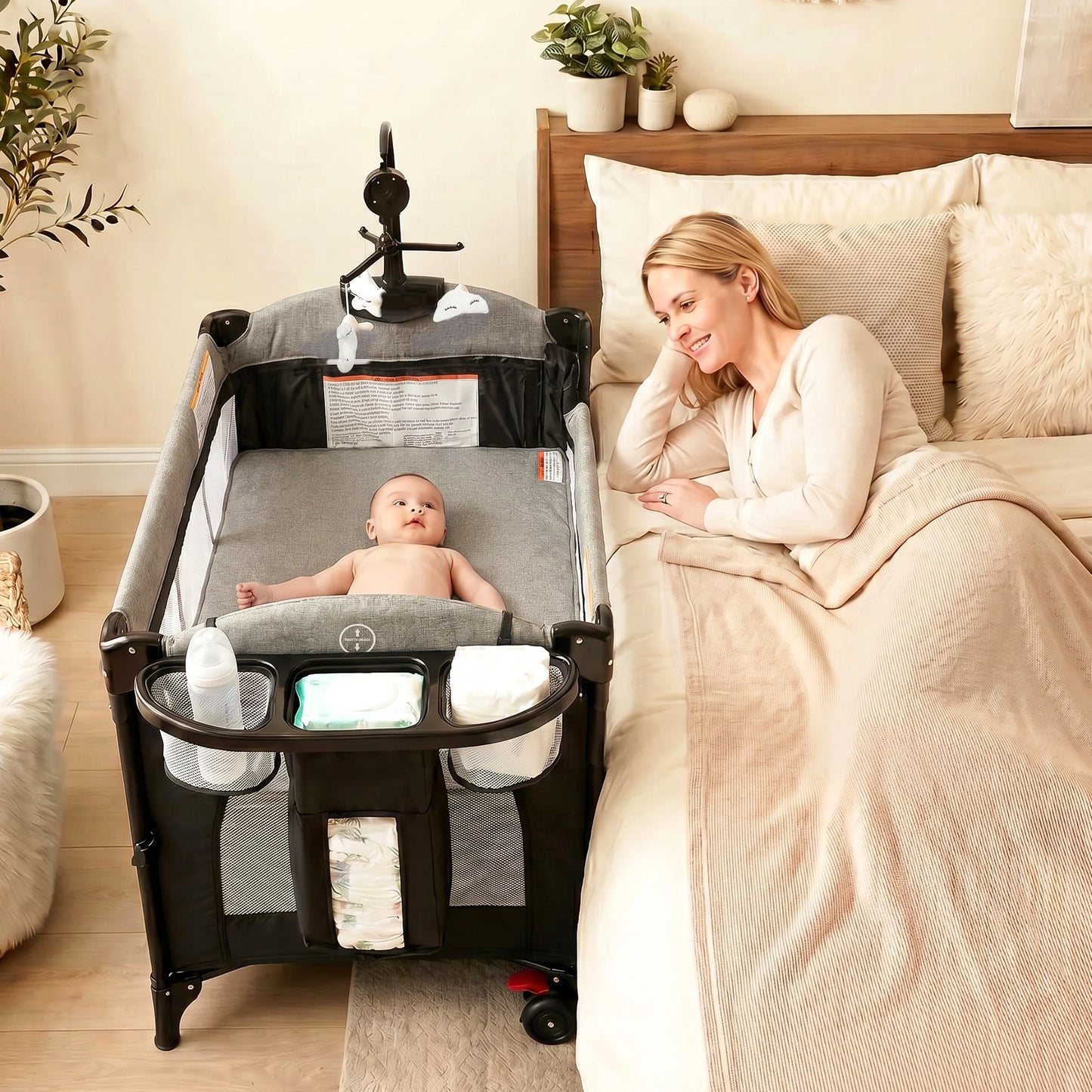 Foldable Baby Bedside Crib Bassinet, Infant Pack and Play Playard, Newborn Playpen Changing Table,Gray