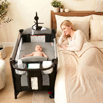Foldable Baby Bedside Crib Bassinet, Infant Pack and Play Playard, Newborn Playpen Changing Table,Gray