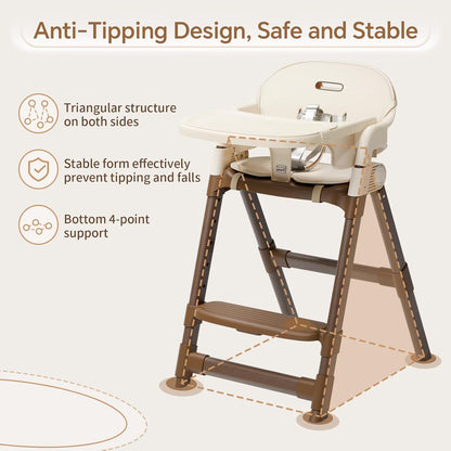 Foldable High Chair for Baby, Easy-To-Clean Feeding Chair with Removable Tray, Adjustable Legs and Seat Belt for Infant Toddlers,Beige
