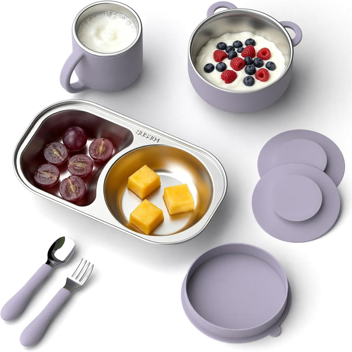 Stainless Steel Baby Feeding Set with Detachable Suction Base, Toddler Plates, Bowl, Cup & Kids Utensils, Grow-With-Baby Feeding Essentials for Self Feeding, Toddler Dinnerware Snack, Lilac