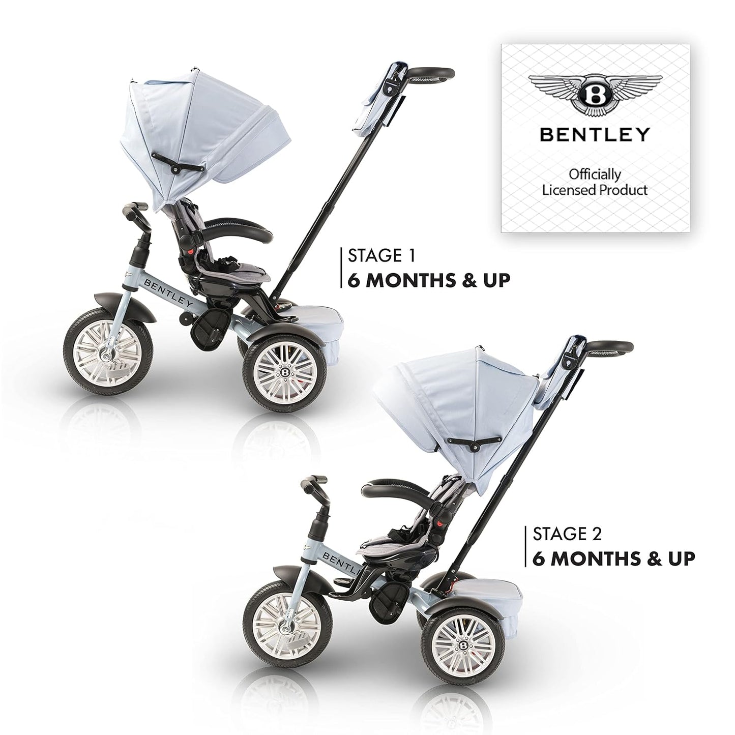 Bentley 6-In-1 Baby Stroller & Toddler Tricycle – Officially Licensed Luxury Kids Bike, Convertible Travel Strollers & Kid Trike with Air Wheels, Canopy & Safety Features (6M-5Y+ | Jetstream Blue) | Convertible Baby Stroller with Canopy and Air Wheels, Designed as a Travel Stroller and Baby Tricycle.
