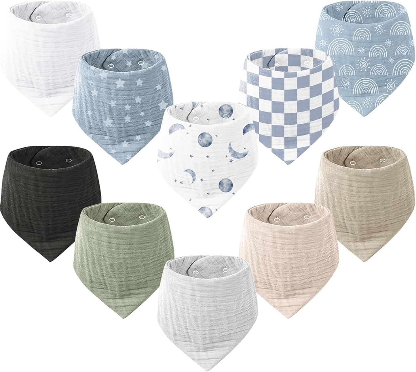 10 Pack Baby Muslin Bandana Bibs for Drooling and Teething | 100% Cotton, 6-Layer Bibs, Pre-Washed Soft & Absorbent, Adjustable Neck Fit, Boys & Girls 0-36M