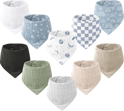 10 Pack Baby Muslin Bandana Bibs for Drooling and Teething | 100% Cotton, 6-Layer Bibs, Pre-Washed Soft & Absorbent, Adjustable Neck Fit, Boys & Girls 0-36M