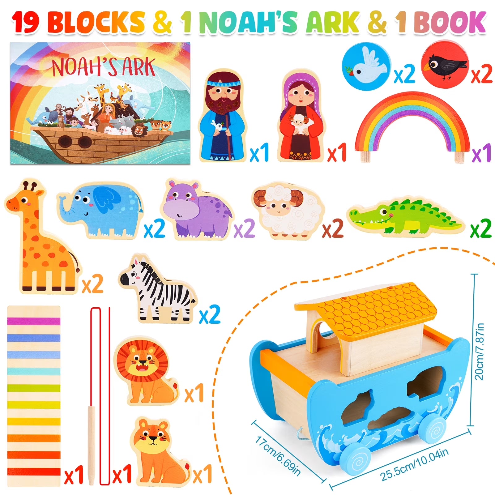 Toddlers Noah'S Ark Toys with Wooden Animal Shape Sorters, Baptism Gifts for Girls Boys 1 2 3 4 Years Old, Montessori Educational Toys for Toddlers 1-3, Bible Story Book for Kids Ages 2-4