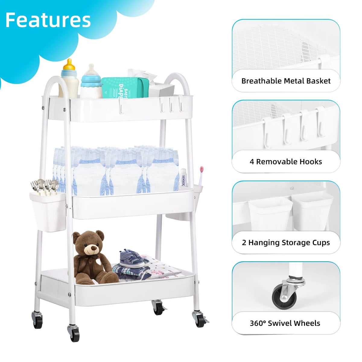 Baby Diaper Caddy Cart Metal Nursery Storage Organizer 3-Tier Rolling Cart Organizer for Diapers and Baby Wipes Newborn Essentials Storage Cart (White)