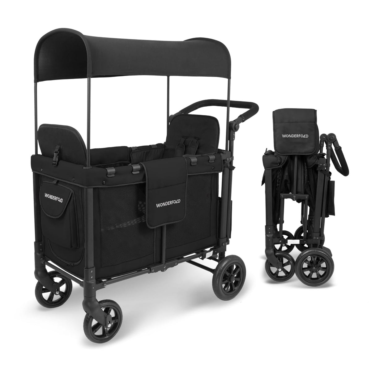 W2 Stroller Wagon, Steel Frame, 2 Seater, Black | Foldable Wagon with an Adjustable Canopy & Push Handle, All-Terrain Wheels & 5-Point Harnesses for Babies, Toddlers & Kids