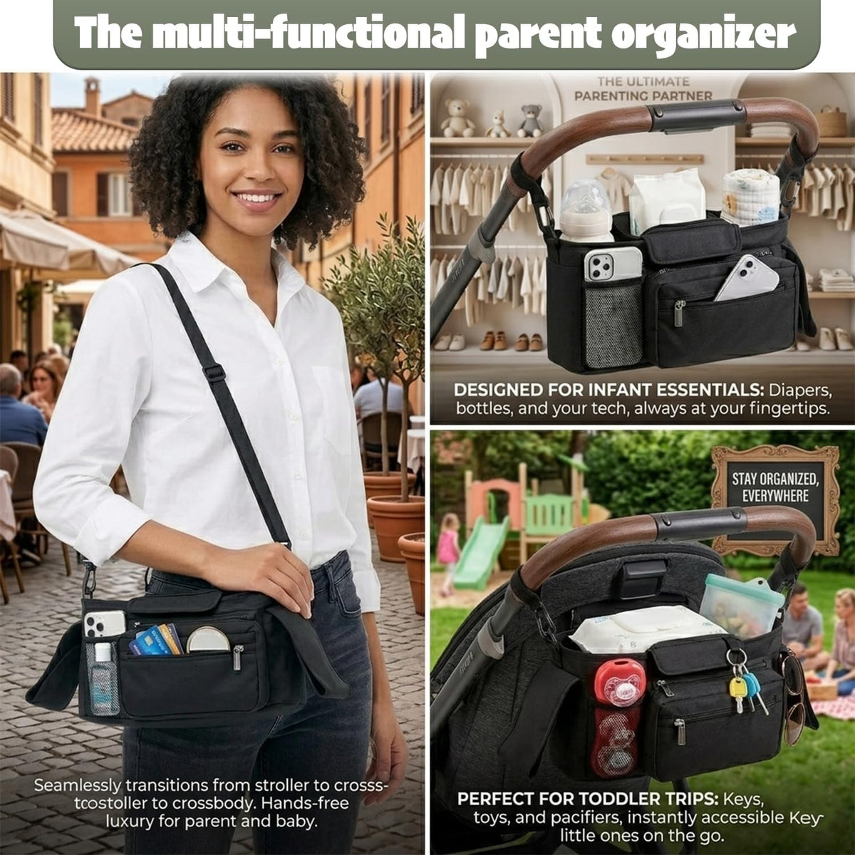 Stroller Organizer Bag with Insulated Cup Holder, Universal Stroller Caddy with Straps & Hooks, Baby Stroller Organizer, Detachable Zippered Pouch, Adjustable Shoulder Strap with Large Storage