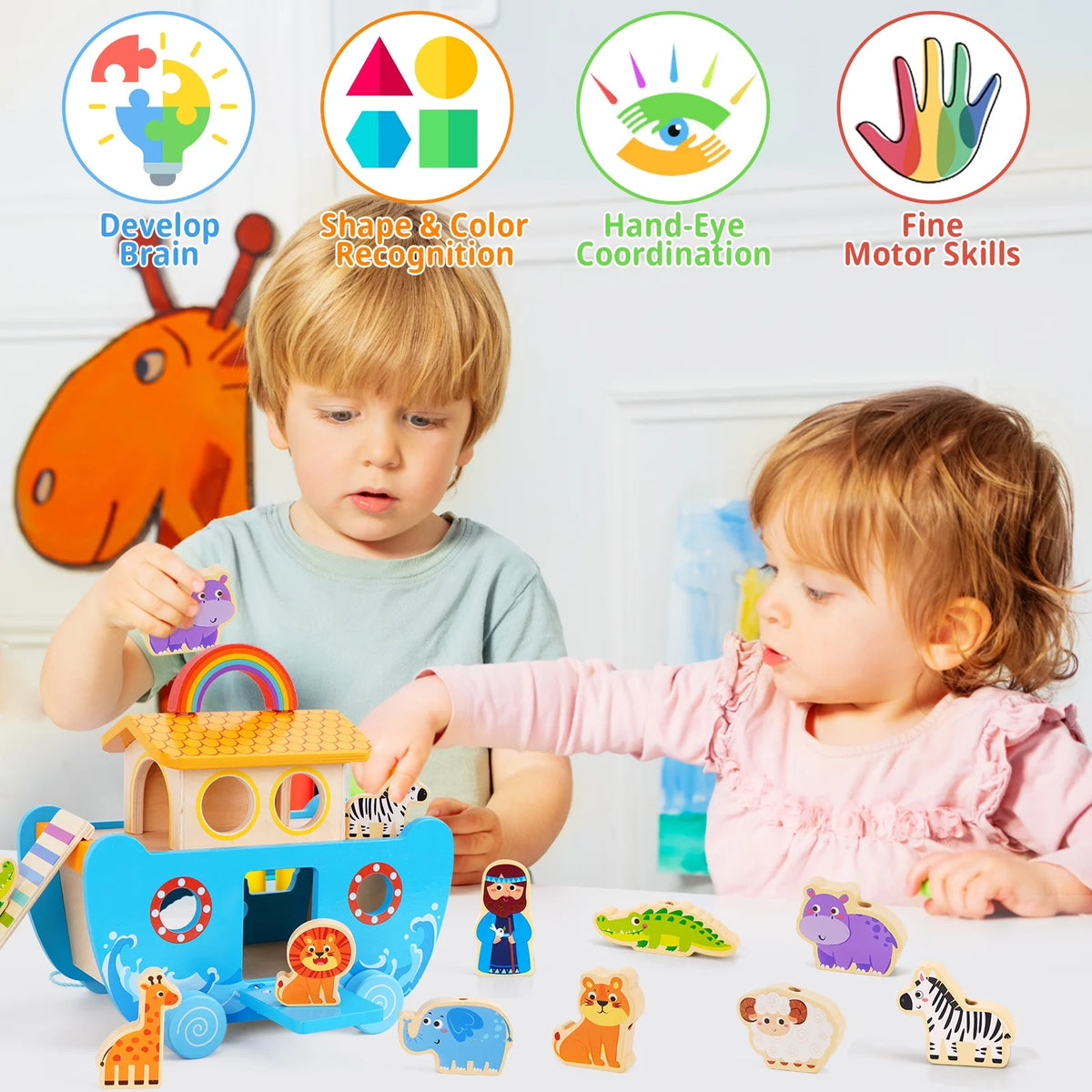 Toddlers Noah'S Ark Toys with Wooden Animal Shape Sorters, Baptism Gifts for Girls Boys 1 2 3 4 Years Old, Montessori Educational Toys for Toddlers 1-3, Bible Story Book for Kids Ages 2-4