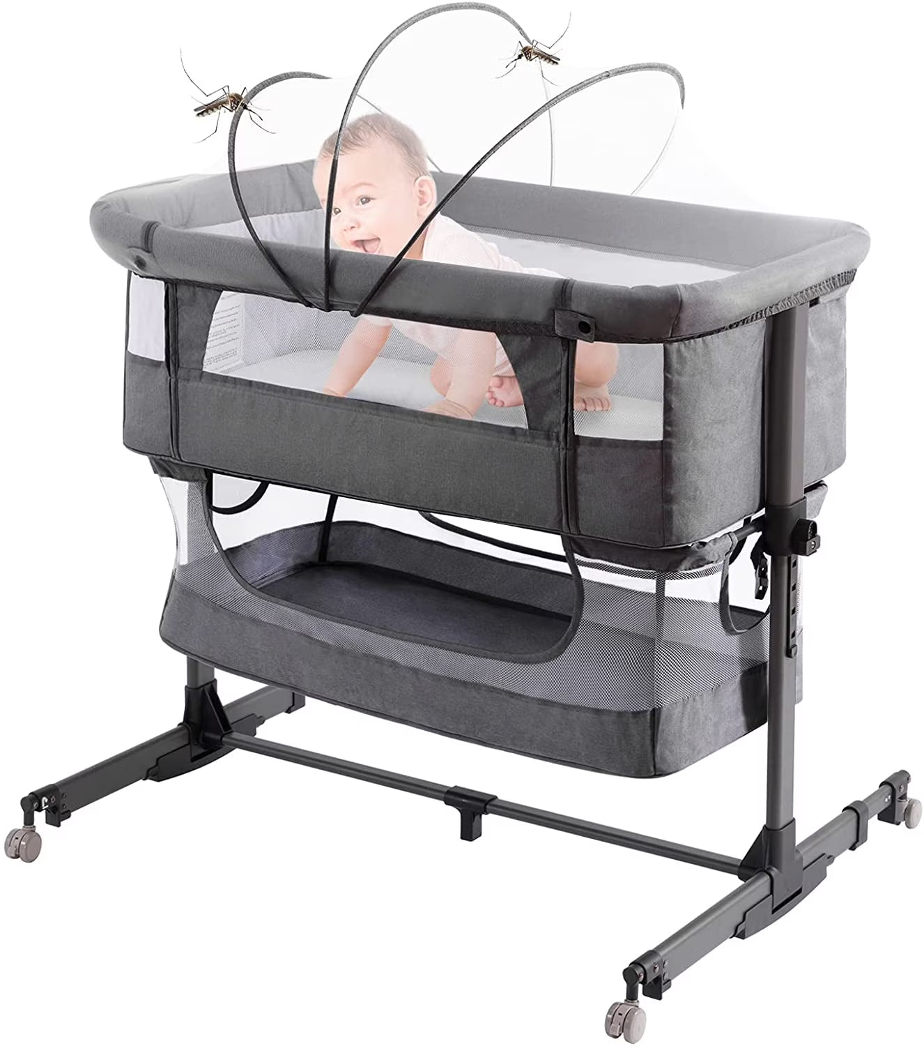 Baby Bassinet 3 in 1 Adjustable Bedside Sleeper Bed for Infant Baby with Breathable Net, Gray