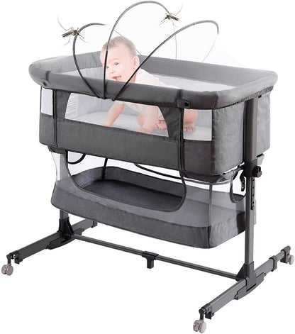 Baby Bassinet 3 in 1 Adjustable Bedside Sleeper Bed for Infant Baby with Breathable Net, Gray