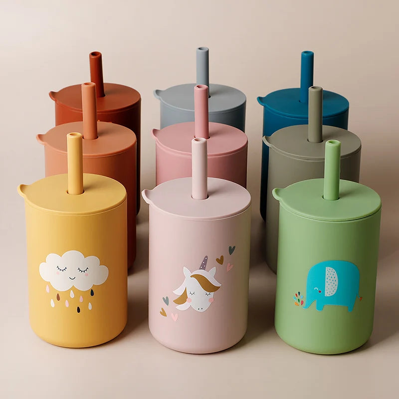 1PC Baby Feeding Drinkware Straw Cup Baby Cartoon Learning Feeding Cup Food Grade Silicone Toddler Water Bottle Tableware
