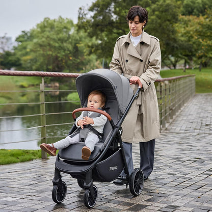 Stroller for Babies,Toddler Strollers with Large UPF 50+ Canopy,Luxury Baby Stroller with Leather Handle & Spacious Seat, One-Hand Foldable Pushchair,Baby Carriage with Lie-Flat Mode(Gray)