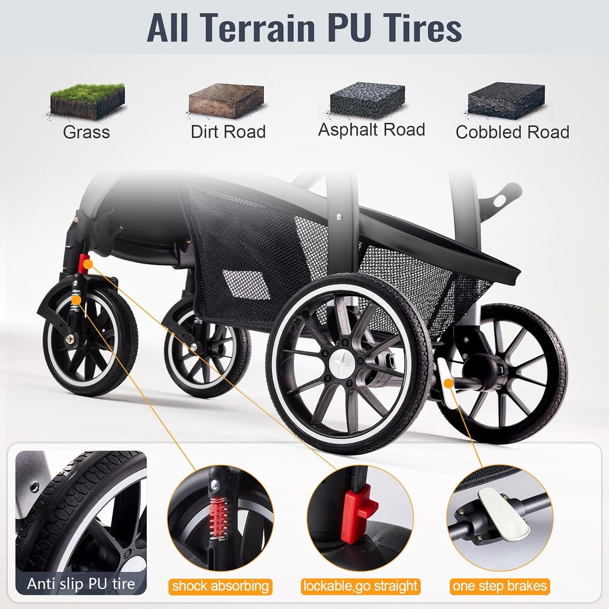 Baby Stroller, 2-In-1 Reversible Toddler Seat with Lie-Flat Mode, Foldable Infant Stroller with Canopy, One Button Brake, Adjustable Handle, Newborn Pushchair (Black B)