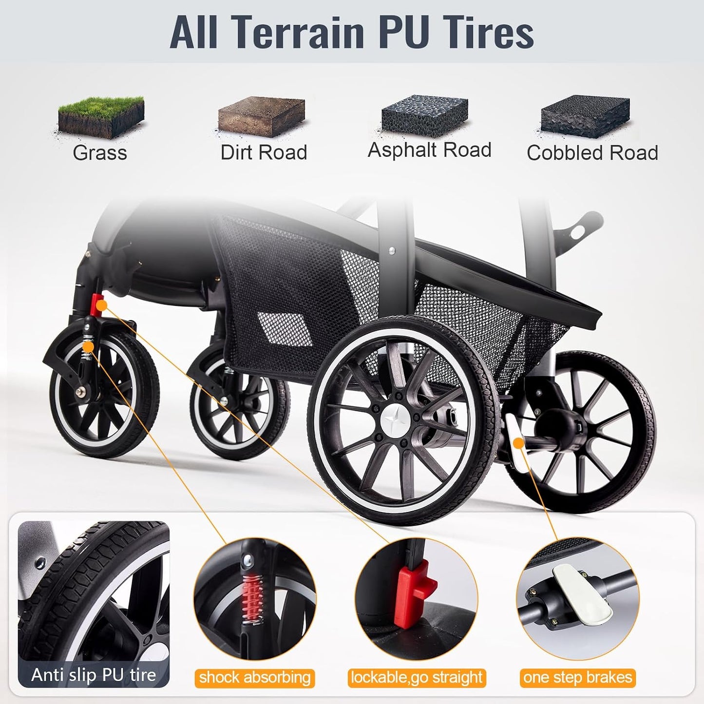 Baby Stroller, 2-In-1 Reversible Toddlerseat with Lie-Flat Mode, Foldable Infant Stroller with Canopy, One Button Brake, Adjustable Handle, Newborn Pushchair (Gray B)