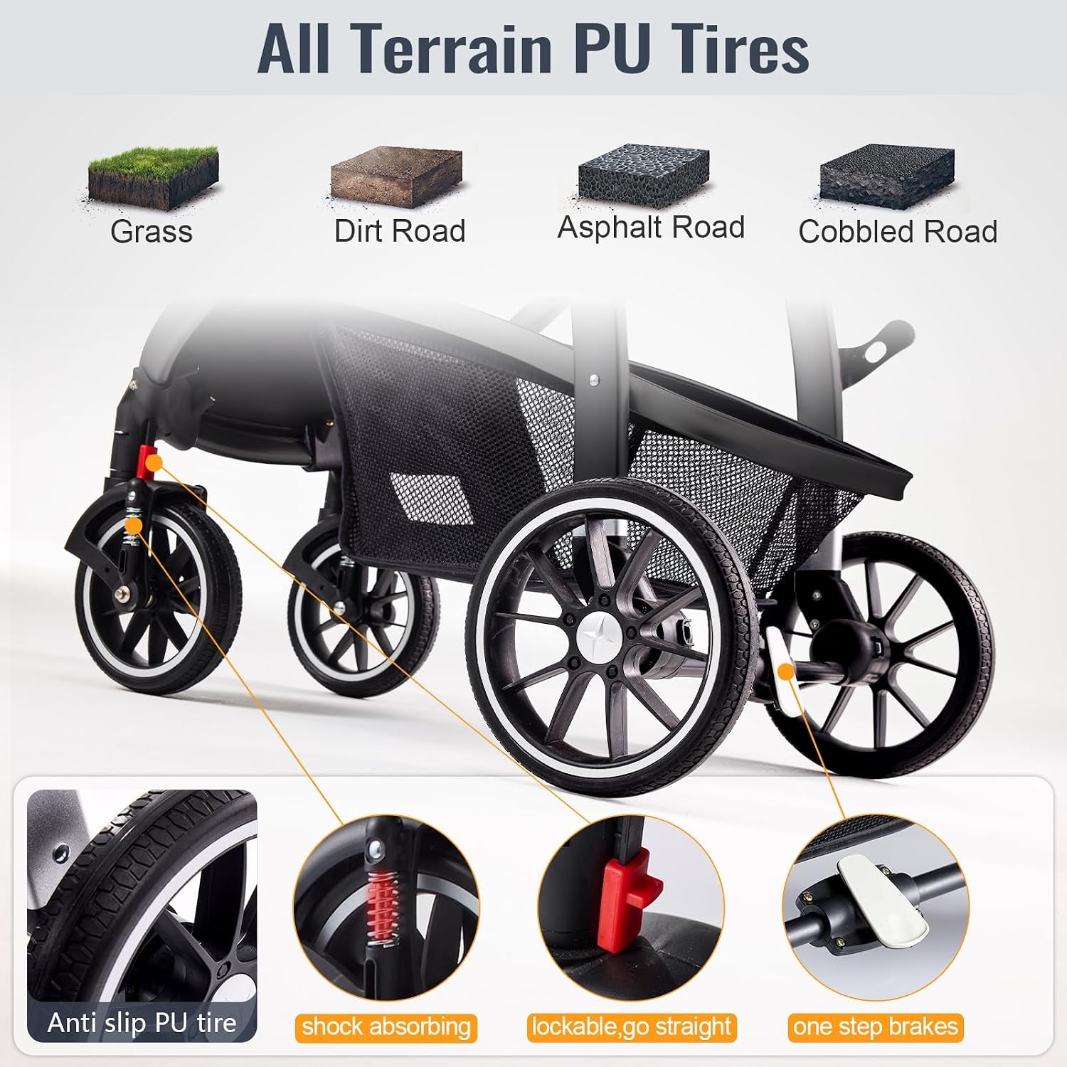Baby Stroller, 2-In-1 Reversible Toddlerseat with Lie-Flat Mode, Foldable Infant Stroller with Canopy, One Button Brake, Adjustable Handle, Newborn Pushchair (Gray B)