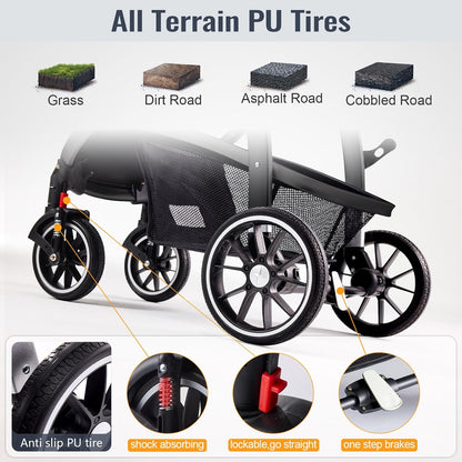 Baby Stroller, 2-In-1 Reversible Toddlerseat with Lie-Flat Mode, Foldable Infant Stroller with Canopy, One Button Brake, Adjustable Handle, Newborn Pushchair (Gray B)