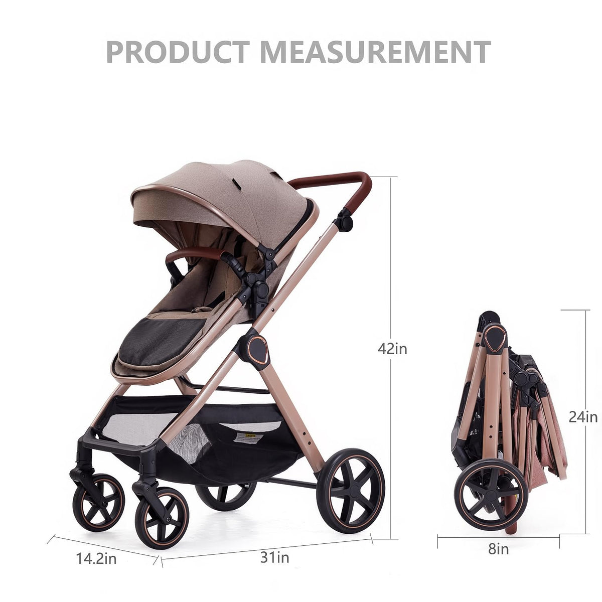 2 in 1 Baby Stroller, Newborn Infant Toddler Convertible Pram Stroller for 0-36 Months Old Babies (Beige)