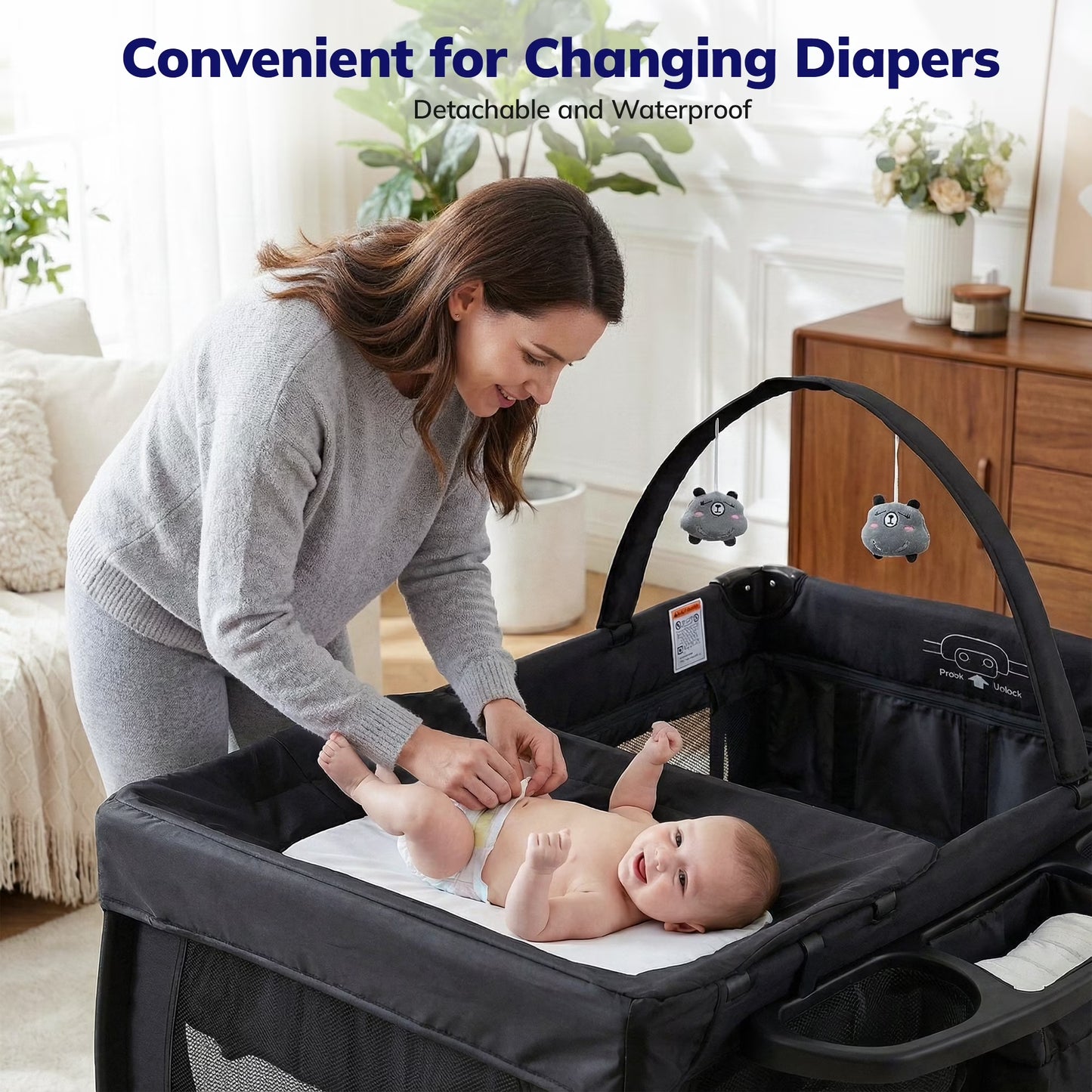 Baby Playard with Detachable Infant Bassinet and Changing Table, Foldable Travel Play Yard with Storage Basket and Wheels,Black