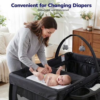 Baby Playard with Detachable Infant Bassinet and Changing Table, Foldable Travel Play Yard with Storage Basket and Wheels,Black