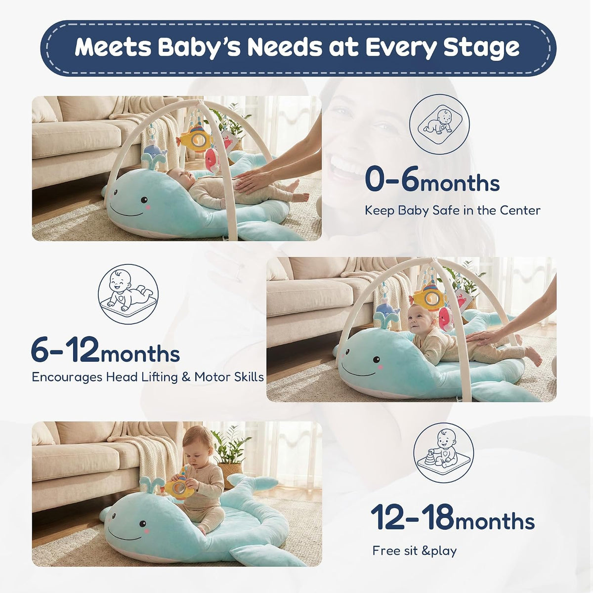 Baby Play Tummy Time Mat | Plush Cotton Surface Play Mat with Sensory Toys, Tummy Time Gym for Newborns 0 12 Months Baby Girls Boys