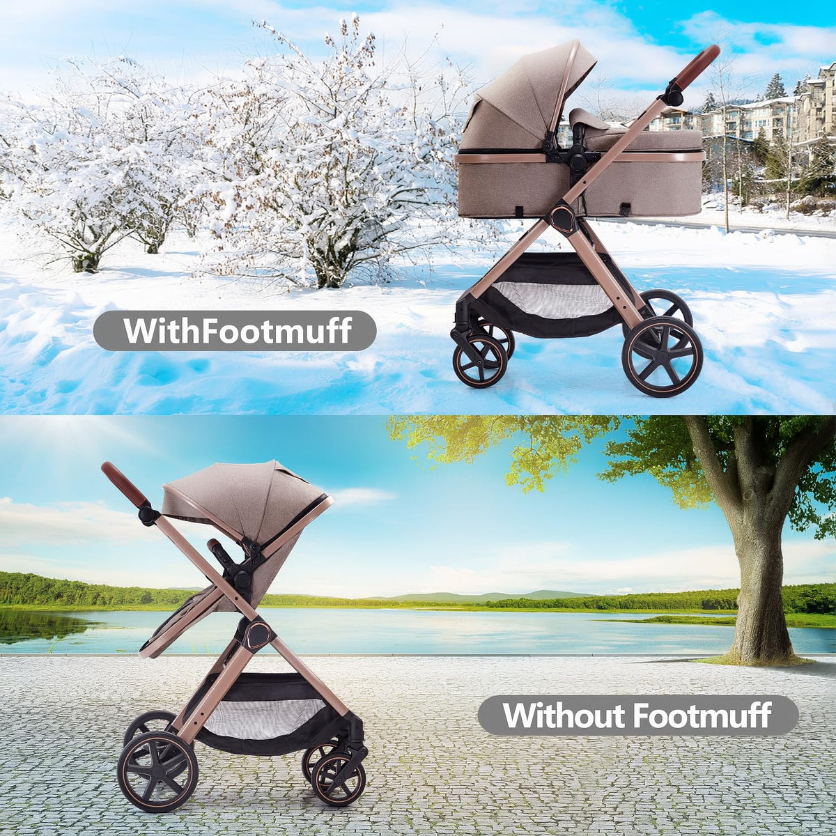 2 in 1 Baby Stroller, Newborn Infant Toddler Convertible Pram Stroller for 0-36 Months Old Babies (Beige)