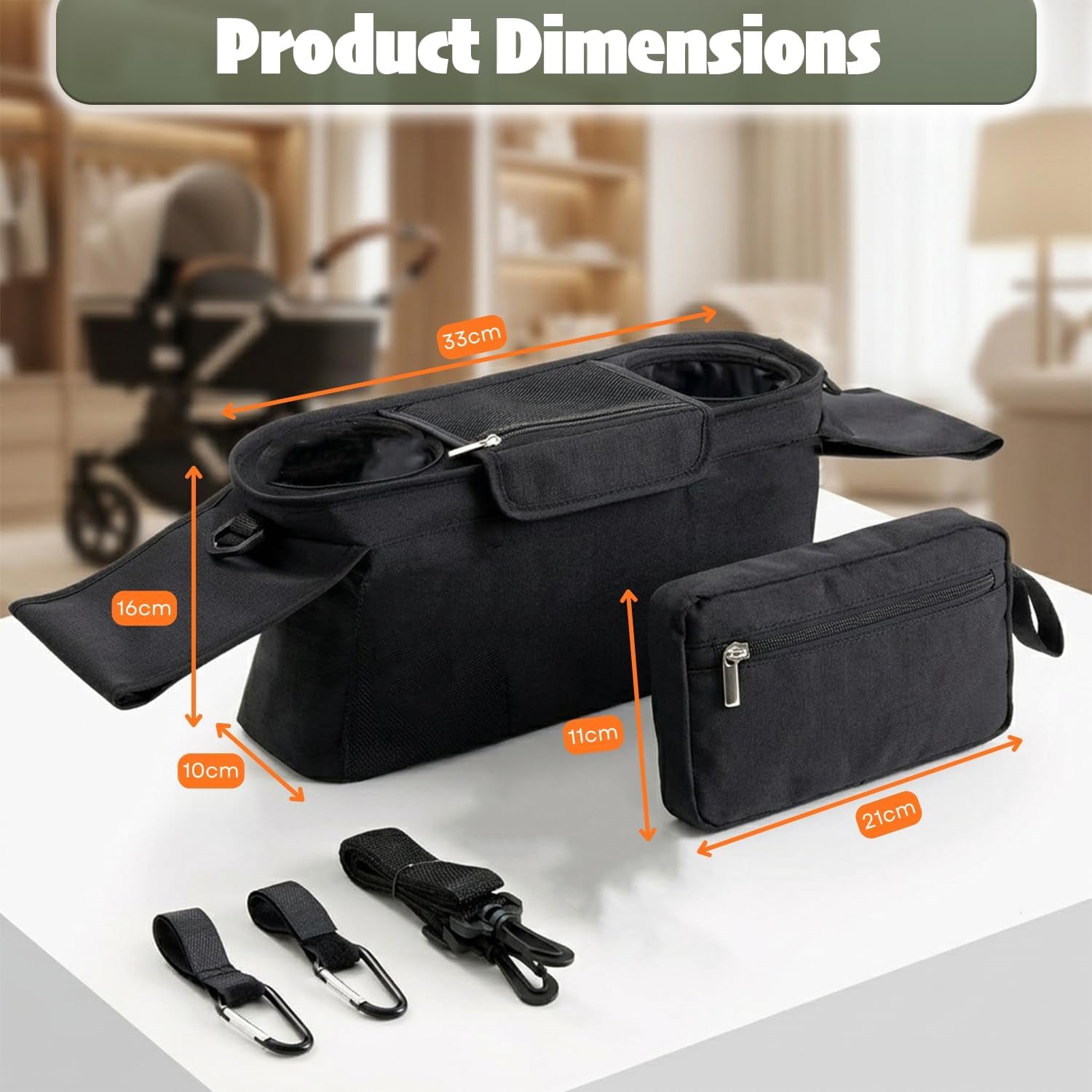 Stroller Organizer Bag with Insulated Cup Holder, Universal Stroller Caddy with Straps & Hooks, Baby Stroller Organizer, Detachable Zippered Pouch, Adjustable Shoulder Strap with Large Storage