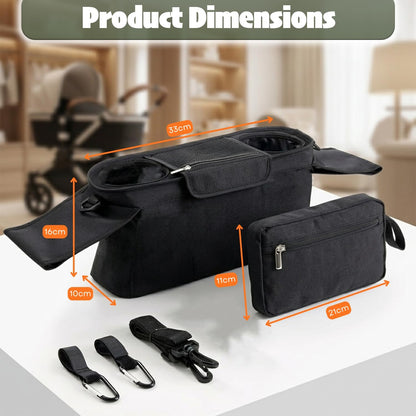 Stroller Organizer Bag with Insulated Cup Holder, Universal Stroller Caddy with Straps & Hooks, Baby Stroller Organizer, Detachable Zippered Pouch, Adjustable Shoulder Strap with Large Storage