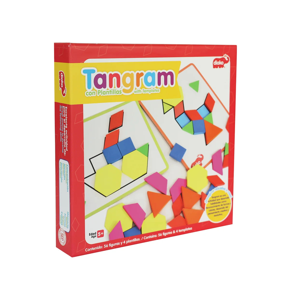 Tangram Con Plantillas Juego Educativo con 54 Figuras y 4 Plantillas para Niños de 5+ Años Desarrollo de Habilidades Geométricas y Creatividad en Madera