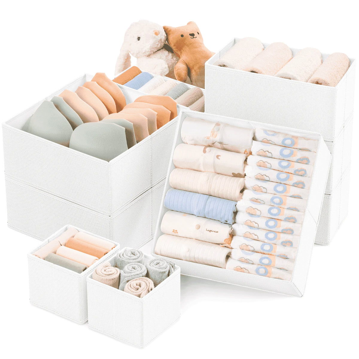 9 Pack Drawer Organizers for Clothes, Foldable Fabric Closet Organizers and Drawer Dividers for Clothing, Baby Clothes, Socks, Underwear & Accessories, White